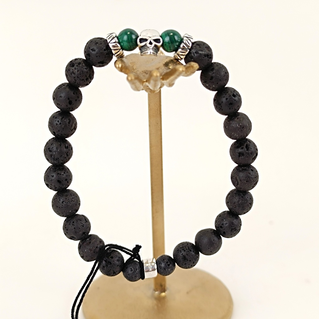 [DOZ-E0077-4-LAVA-M] Bracelet Pierres 8mm Medium - Pierre de Lave & Malachite et Argent