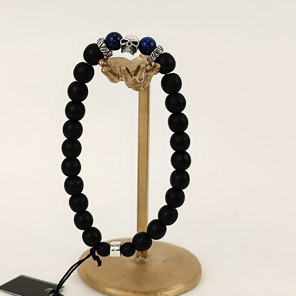 [DOZ-E0077-2-LL-L] Bracelet Pierres 8mm Large - Lapis-lazuli & Perle de céramique et Argent - D'Oz Homme