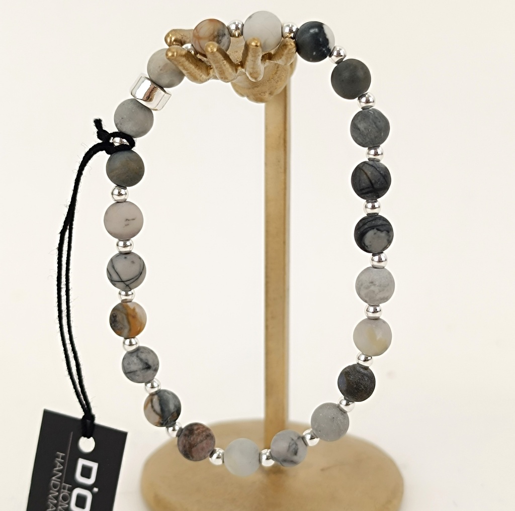 [DOZ-E0068-B2-JAP-M] Bracelet Pierres 8mm Medium - Jaspe Picasso et Argent