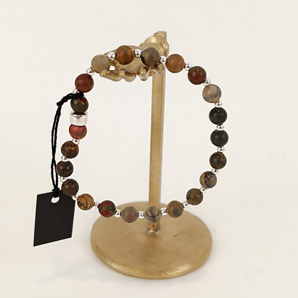 [DOZ-E0068-B25-JPO-L] Bracelet Pierres 6mm Large - Jaspe Polychrome et Argent