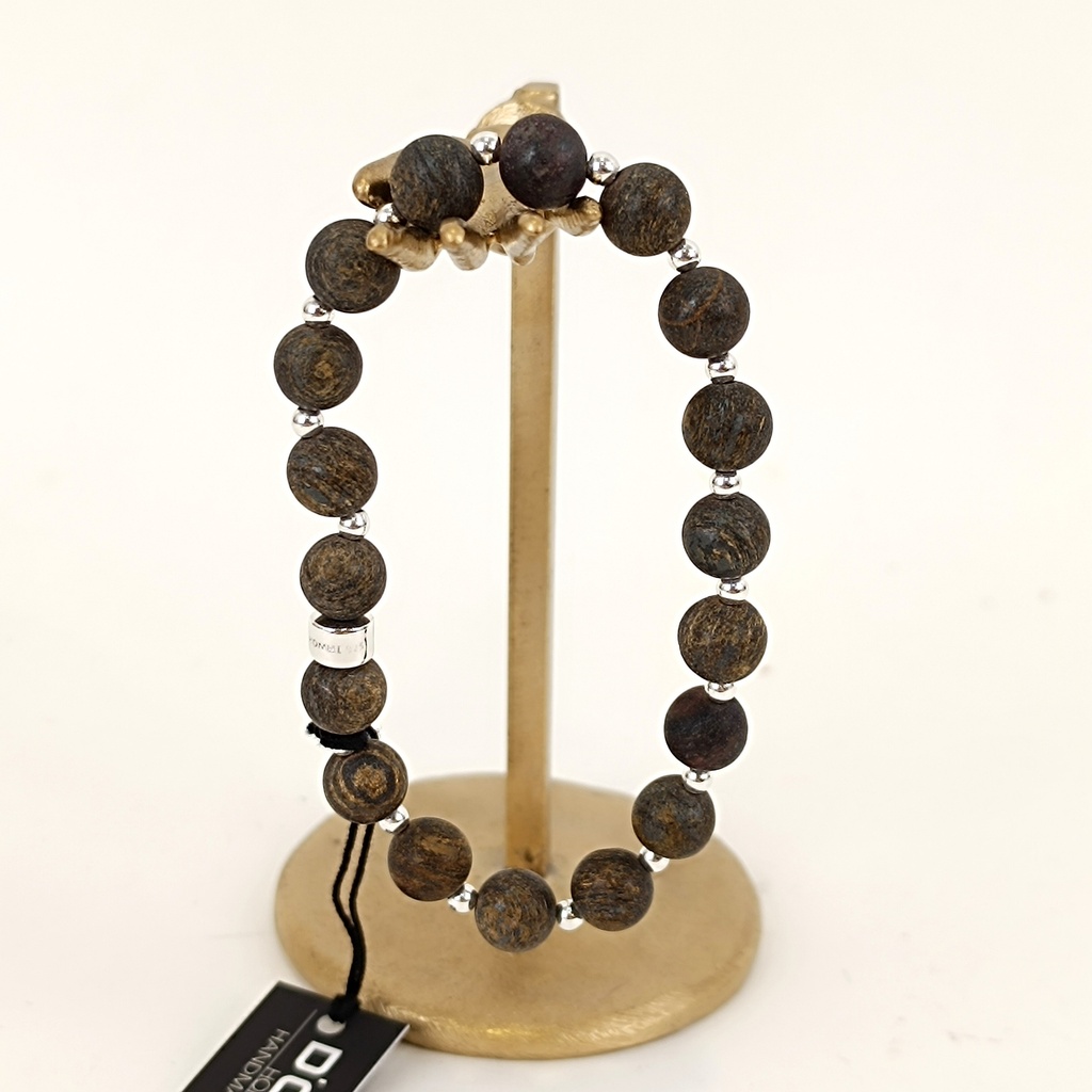 [DOZ-E0068-24-BR-M] Bracelet Pierres 8mm Medium - Bronzite et Argent
