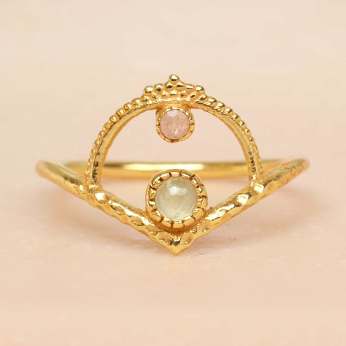 [MUJA-4196-GB-7-052] Bague Argent Plaqué Or & Préhnite & Pierre de Lune Pêche - Muja Juma