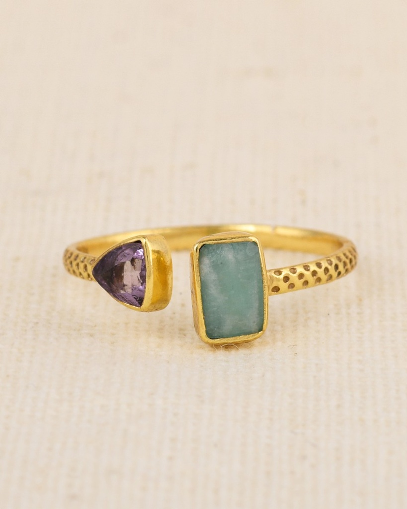 [MUJA-4536-GB-5-054] Bague Ajustable Argent Plaqué Or & Améthyste & Amazonite - Muja Juma
