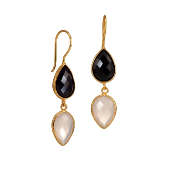 [TCS-AE001T] Boucles d'oreilles laiton plaqué or & Onyx & Calcédoine - The Craftshop
