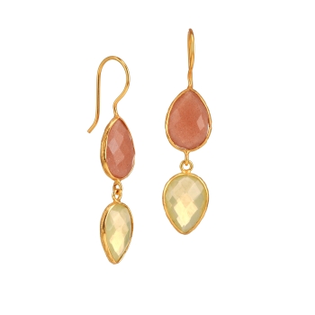 [TCS-AE001Q] Boucles d'oreilles laiton plaqué or & Calcédoine & Pierre De Soleil - The Craftshop
