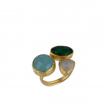 [TCS-IFR768] Bague laiton plaqué or & Calcédoine & Émeraude - The Craftshop