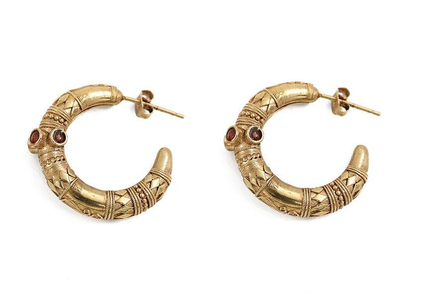 [LA2L-BO-0213] Boucles d'oreilles Créoles 'Jasmine' Laiton plaqué or & Cornaline, Pietersite et Quartz Fumé - LA2L