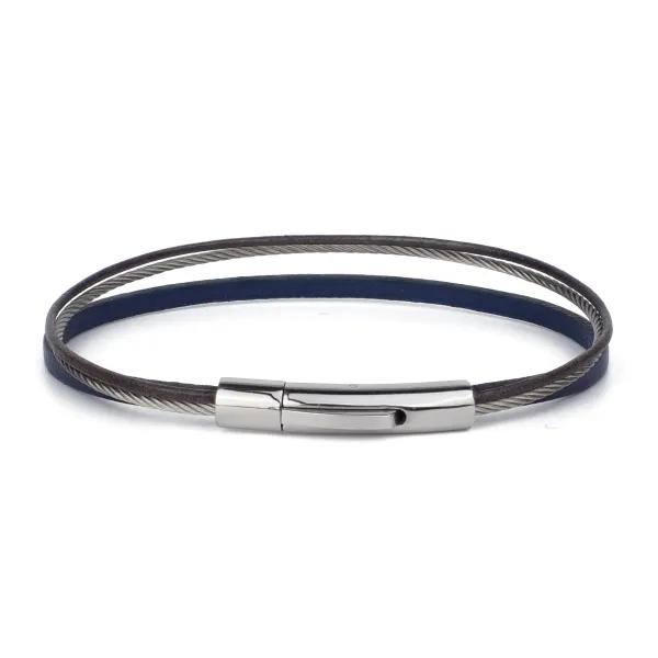 [LOOP-CBL-BL-3] Bracelet Câble et Cuir Bleu et Gris - Grande Taille - Loop and Co