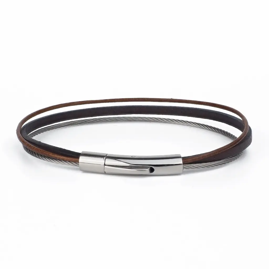 [LOOP-CBL-MRN-2] Bracelet Câble et Cuir Marron - Taille Standard - Loop and Co
