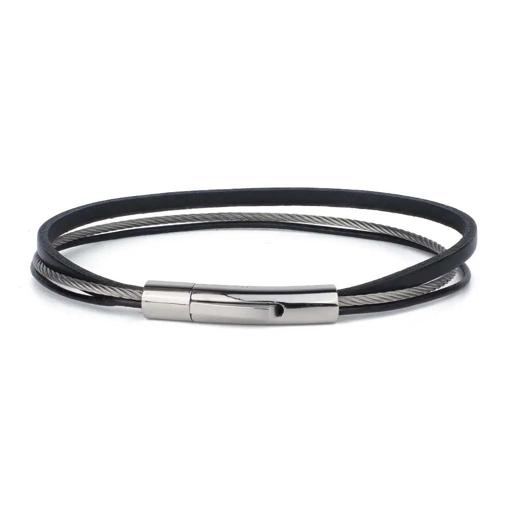[LOOP-CBL-NR-3] Bracelet Câble et Cuir Noir - Grande Taille - Loop and Co