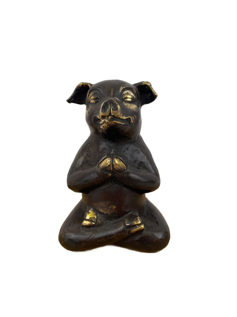 [BRON-0010] Statuette Cochon Zen en Bronze - 10,5 cm - Finition Antique