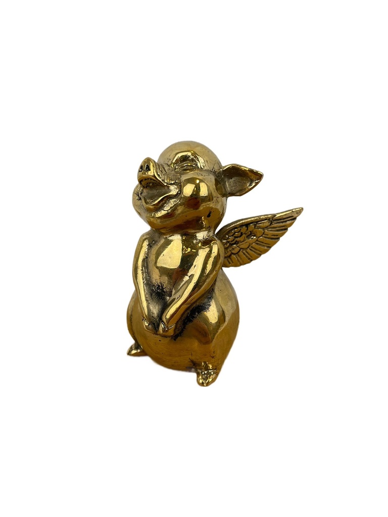 [BRON-0044] Statuette Cochon Ange en Bronze - 8 cm - Finition Dorée