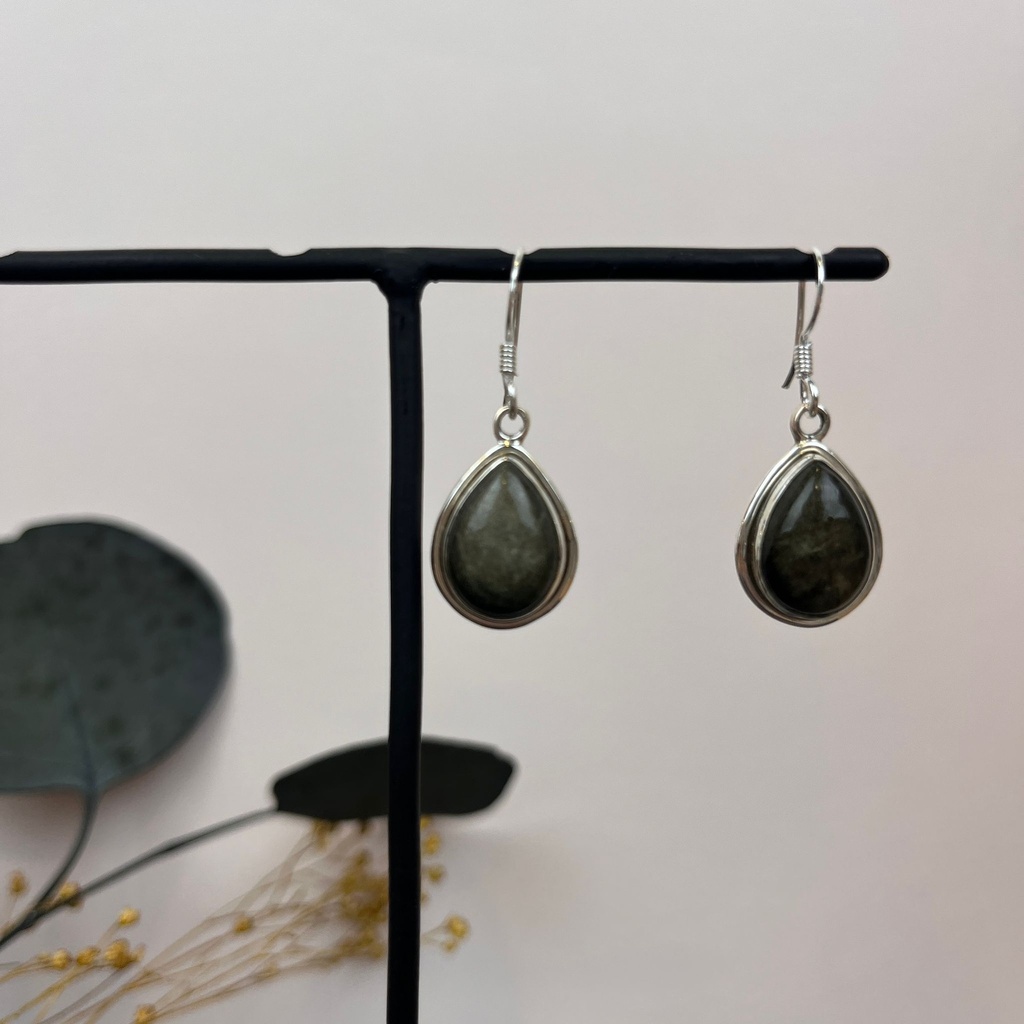 [BOAR-1708] Boucles d'oreilles Argent 925 & Obisidienne Dorée [1708]