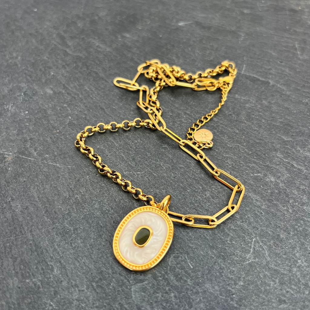 [GAR-ELLE-CO-01] Collier 'Elle' - Acier Inoxydable, Laiton & Plaqué Or - Pierre Naturelle - By Garance