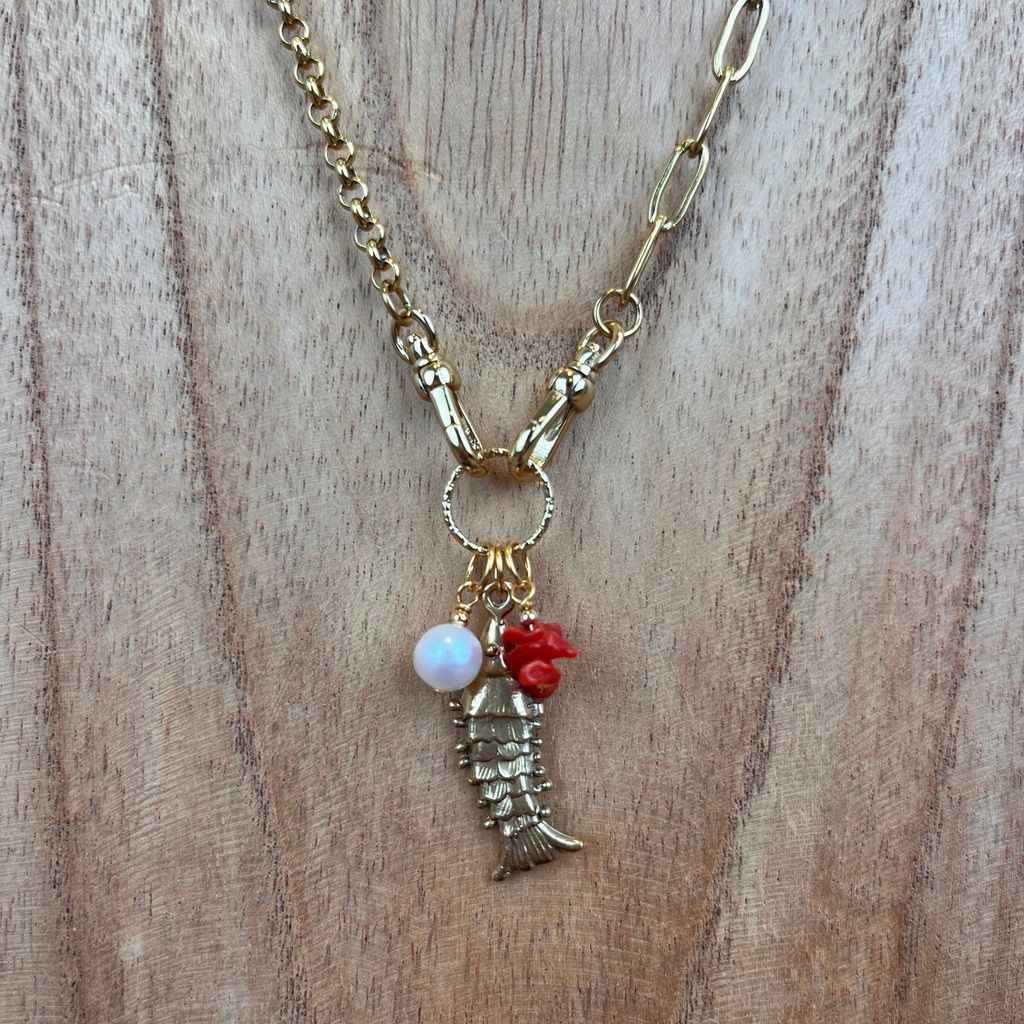 [GAR-FIZA-CO-01] Collier 'Fiza' - Acier Inoxydable, Laiton & Plaqué Or - Pierre Naturelle - By Garance