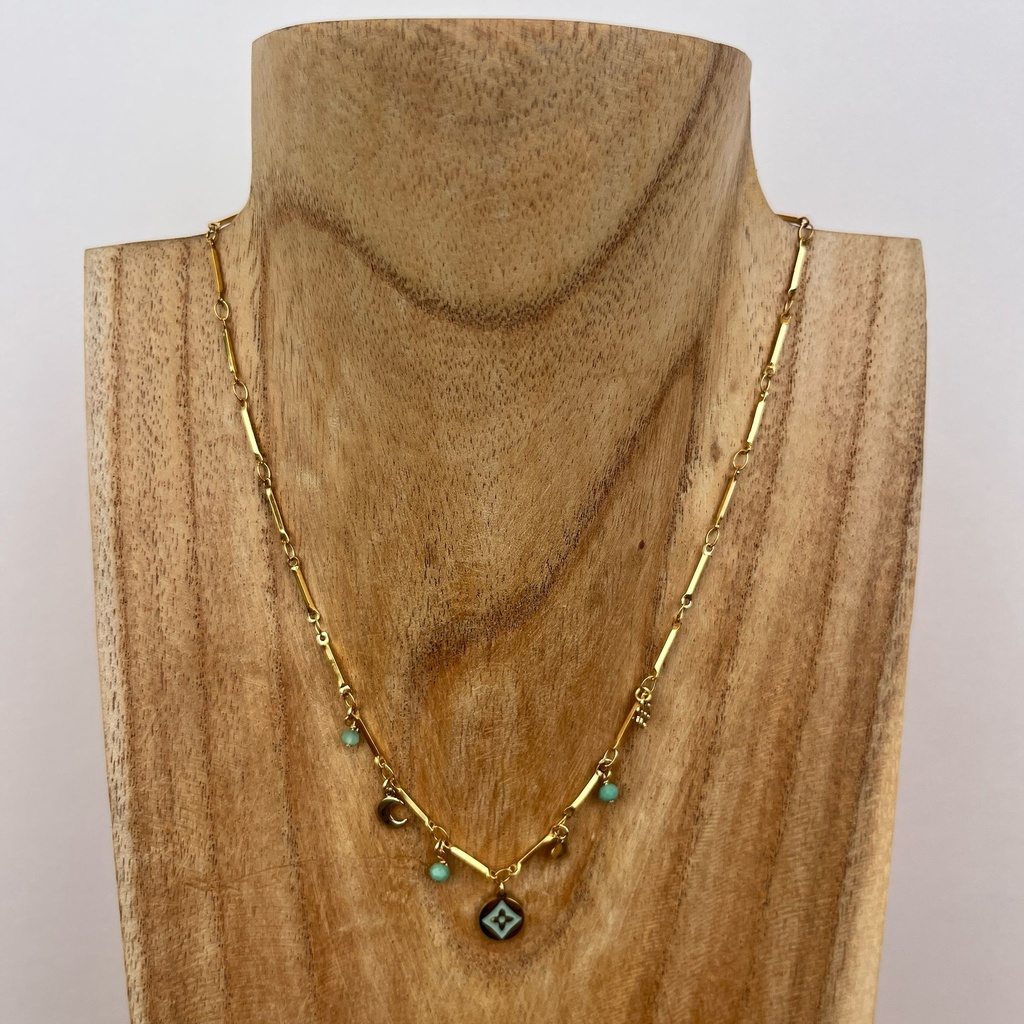 [GAR-NIKI-CO-01] Collier 'Niki' - Acier Inoxydable, Laiton & Plaqué Or - Pierre Naturelle - By Garance