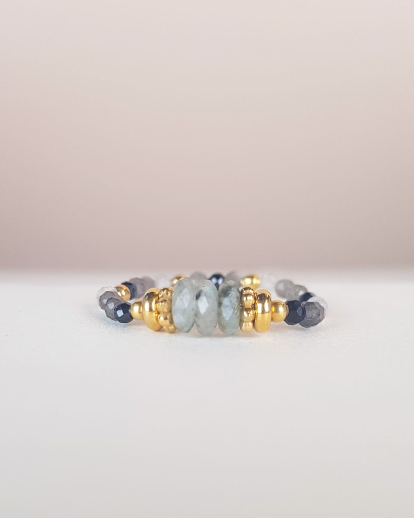 [MUJA-44009-MG-2] Bague - Taille Unique - Labradorite, Spinelle, Obsidienne, Pyrite, Quartz & Perles Dorées - Muja Juma