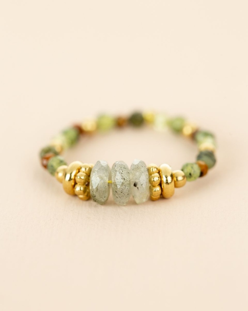 [MUJA-44009-MG-44] Bague - Taille Unique - Œil de Tigre, Tourmaline Verte, Péridot, Jade, Obsidienne, Jaspe & Perles Dorées - Muja Juma