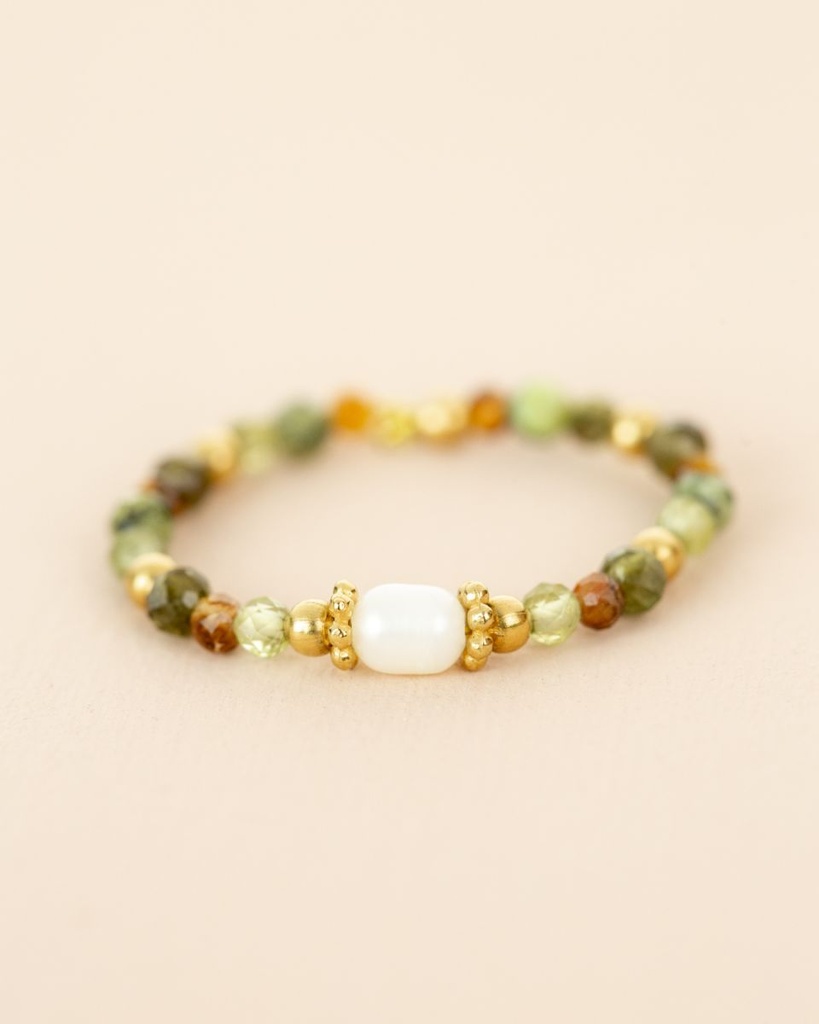 [MUJA-44008-MG-44] Bague - Taille Unique - Œil de Tigre, Tourmaline Verte, Péridot, Jade, Obsidienne & Perles Dorées - Muja Juma