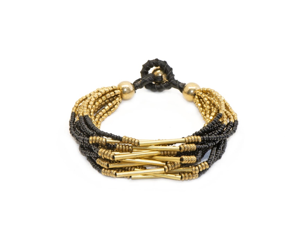 [NATA-BCD156] Bracelet 'Keva' - Laiton & Perles en Céramique - Noir - Nataraj