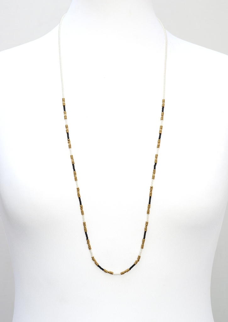 [NATA-CCD373] Sautoir 'Miao' - Laiton & Perles en Céramique - Blanc & Noir - Nataraj