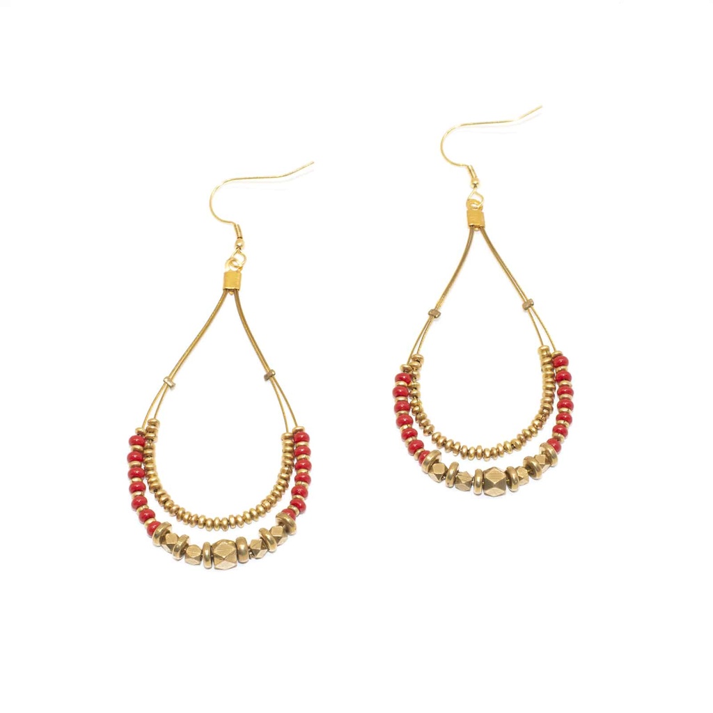 [NATA-ECD102] Boucles d'oreilles 'Oma' - Laiton & Perles en Céramique - Rouge - Nataraj