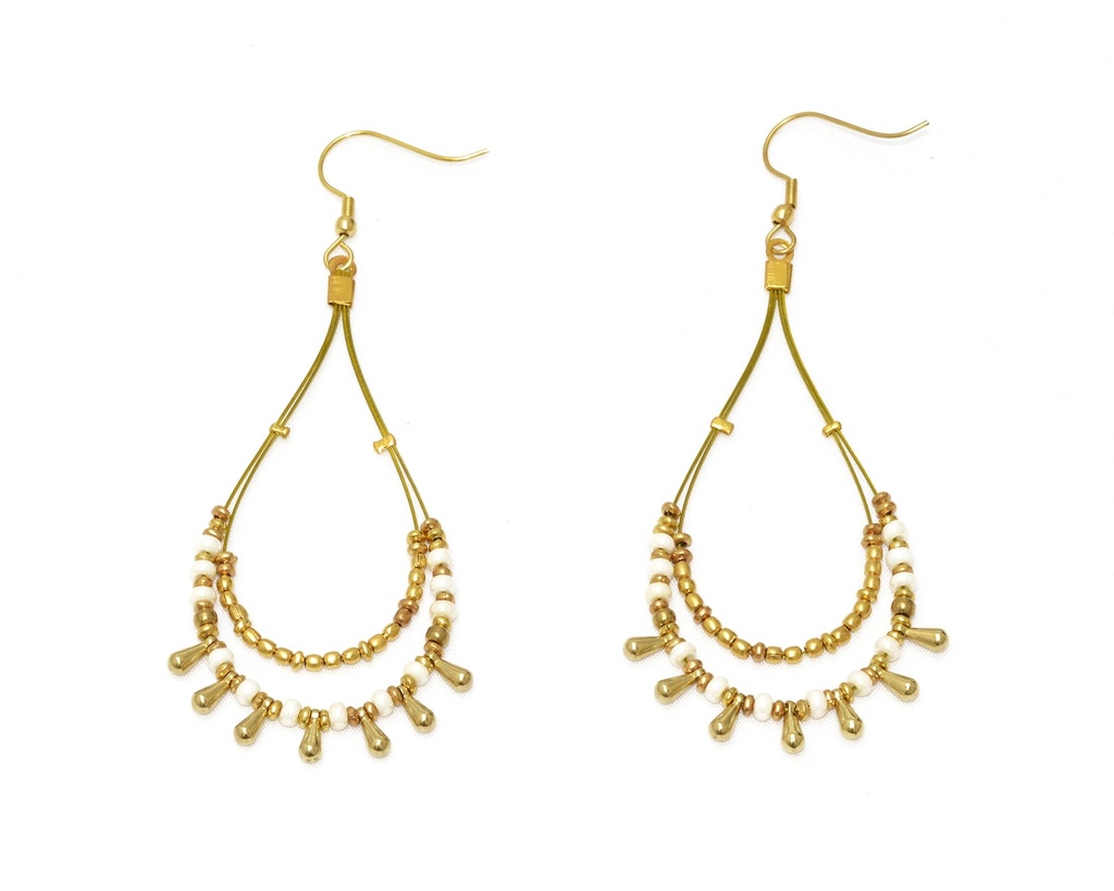 [NATA-ECD231] Boucles d'oreilles 'Lyra' - Laiton & Perles en Céramique - Blanc - Nataraj