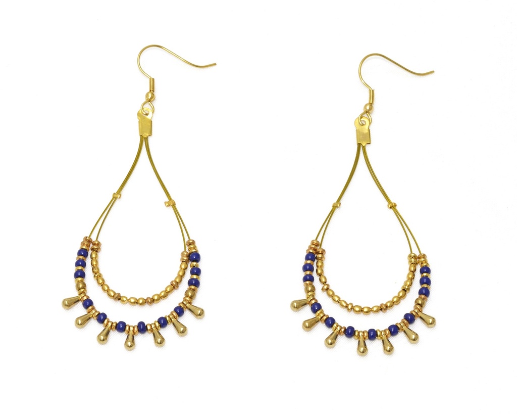 [NATA-ECD232] Boucles d'oreilles 'Lyra' - Laiton & Perles en Céramique - Bleu - Nataraj