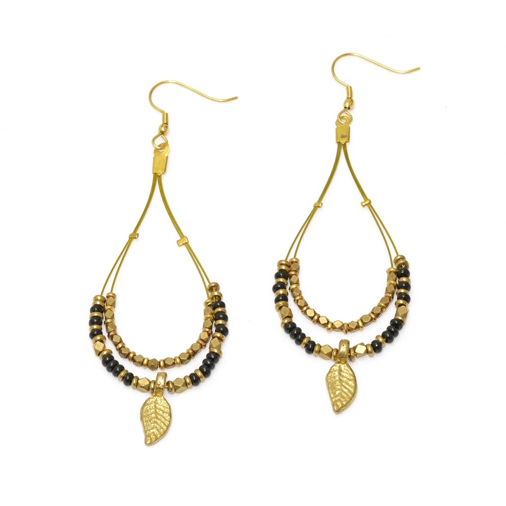 [NATA-ECE193] Boucles d'oreilles 'Thalia' - Laiton & Perles en Céramique - Noir - Nataraj