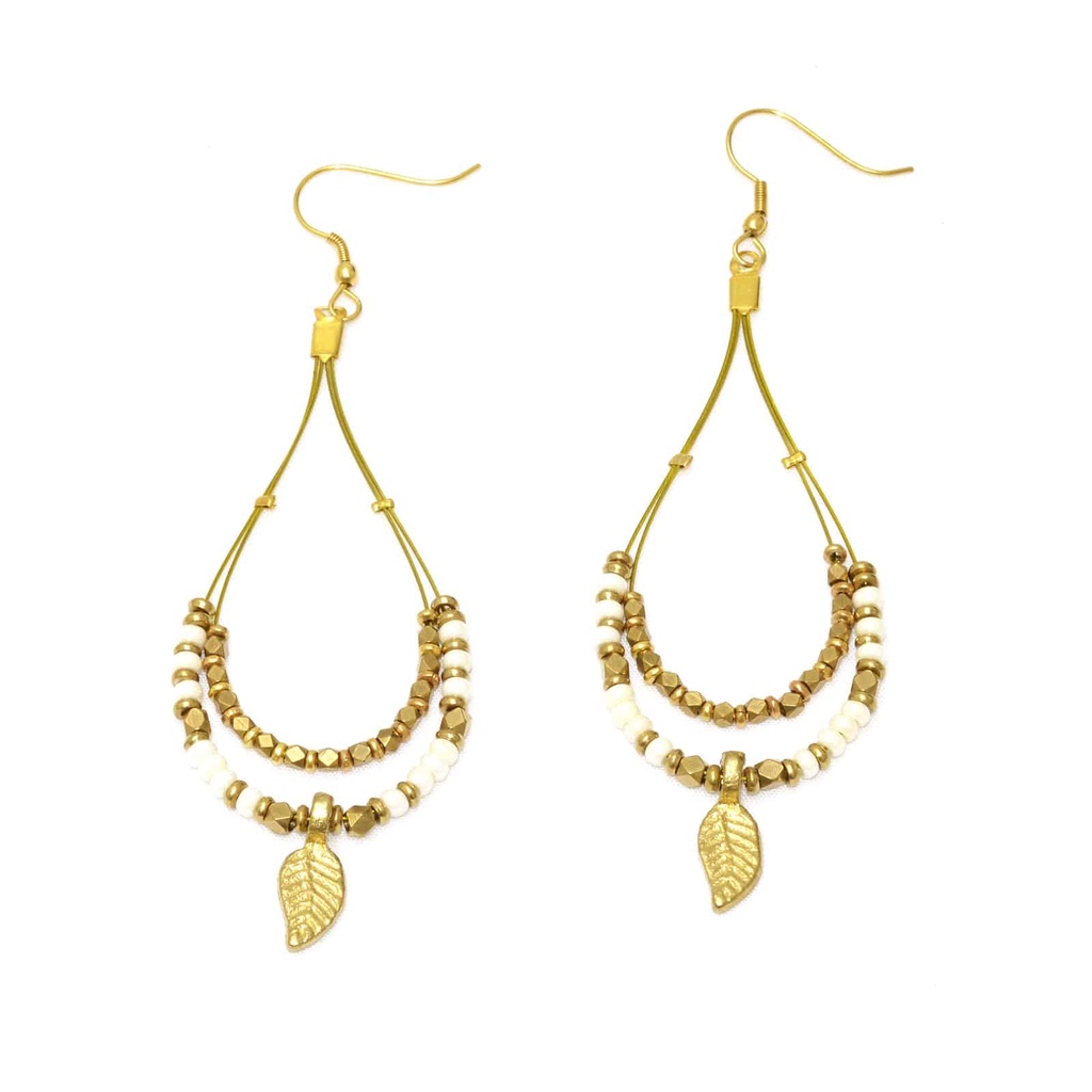 [NATA-ECE194] Boucles d'oreilles 'Thalia' - Laiton & Perles en Céramique - Blanc - Nataraj