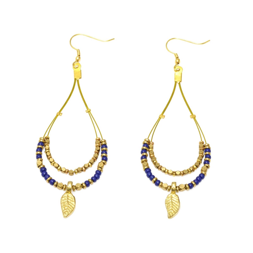 [NATA-ECE195] Boucles d'oreilles 'Thalia' - Laiton & Perles en Céramique - Bleu - Nataraj