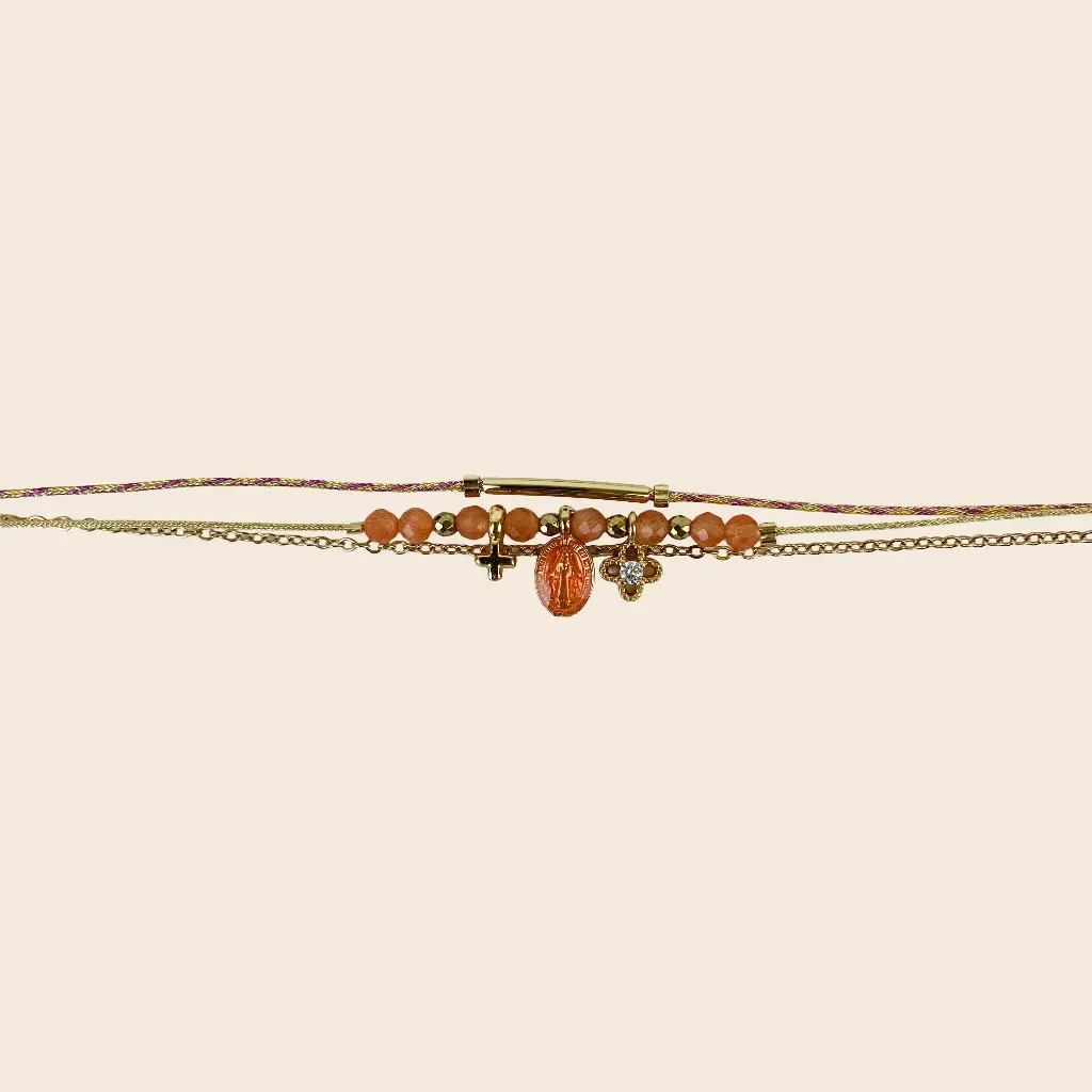 [GAR-LARA-BR-ORANGE] Bracelet double tour 'Lara' – Orange – Chaine acier & laiton doré 2µ – By Garance