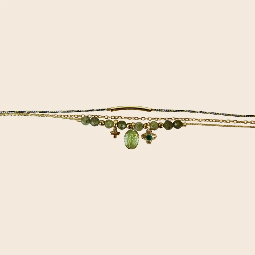[GAR-LARA-BR-VERT] Bracelet double tour 'Lara' – Vert – Chaine acier & laiton doré 2µ – By Garance