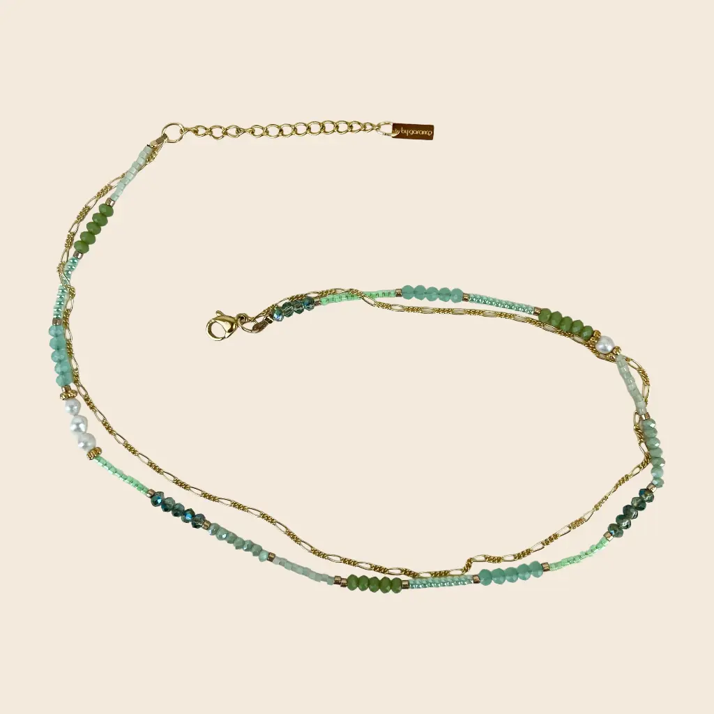 [GAR-FAGI-BR-VERT] Bracelet double tour 'Fagi' – Chaine acier & laiton doré 2µ – By Garance