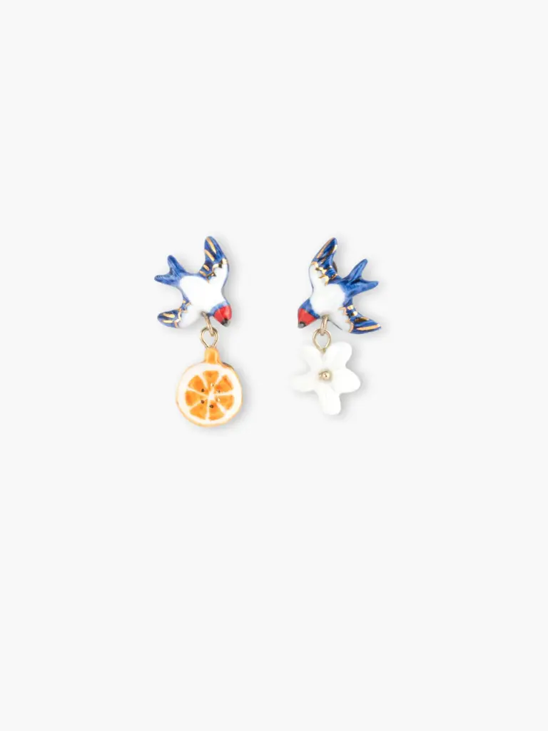 [NACH-J1064] Boucles d'oreilles dépareillées 'Hirdondelle, Orange et Fleur' – Nach